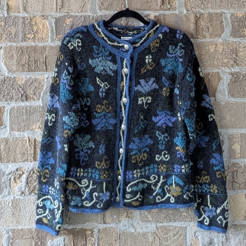 VTG 90s Jillian Jones Hand Knit Floral Wool Button Front Cardigan Size Small